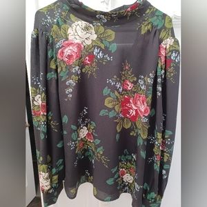 LOFT Blouse Black w/ Red Cream Roses with Tied Bow in Back Large long sleev…